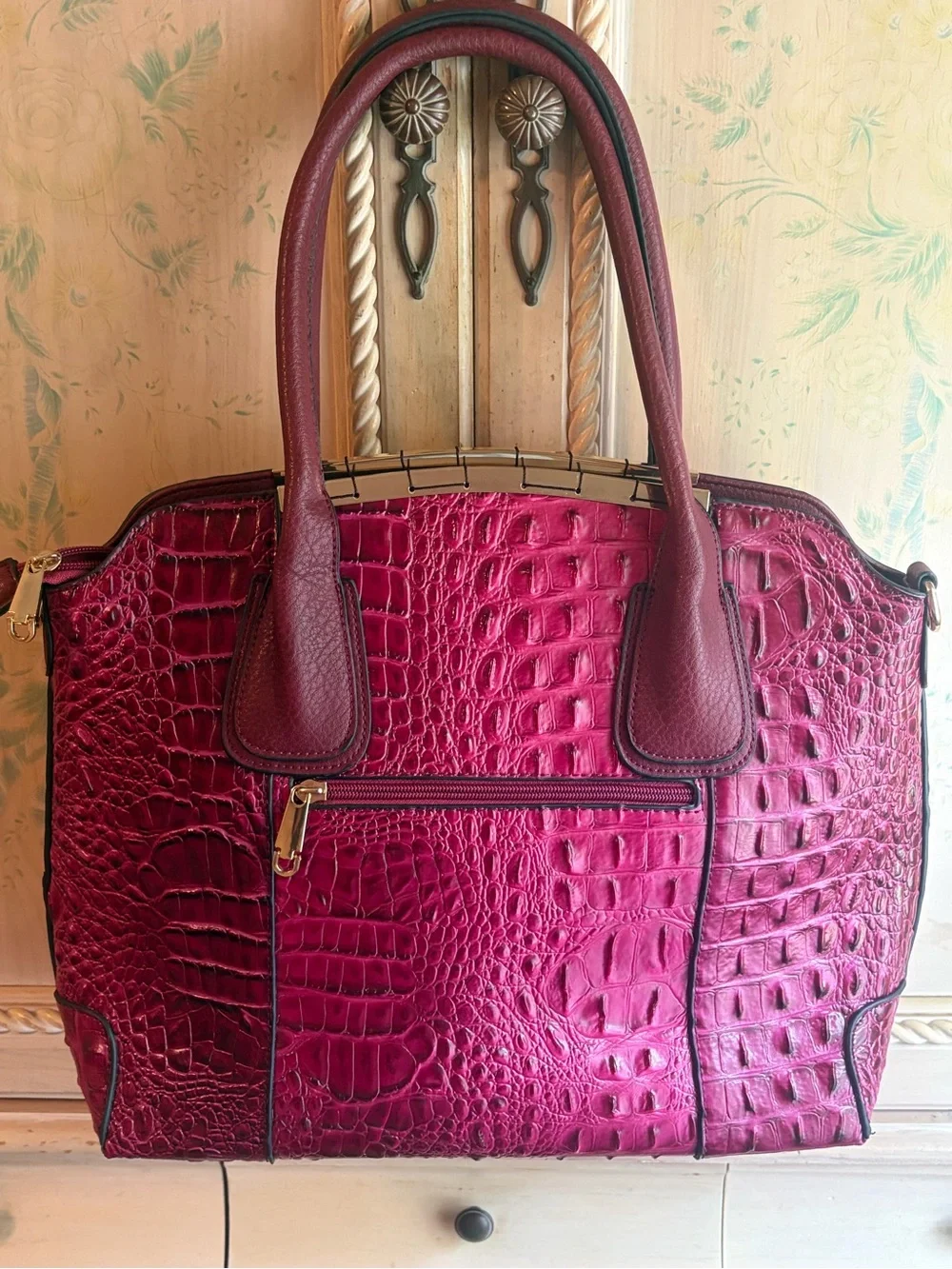 Michael Kors Fuchsia Croc-Embossed Tote with Dark Berry Handles + A GIFT 🎁